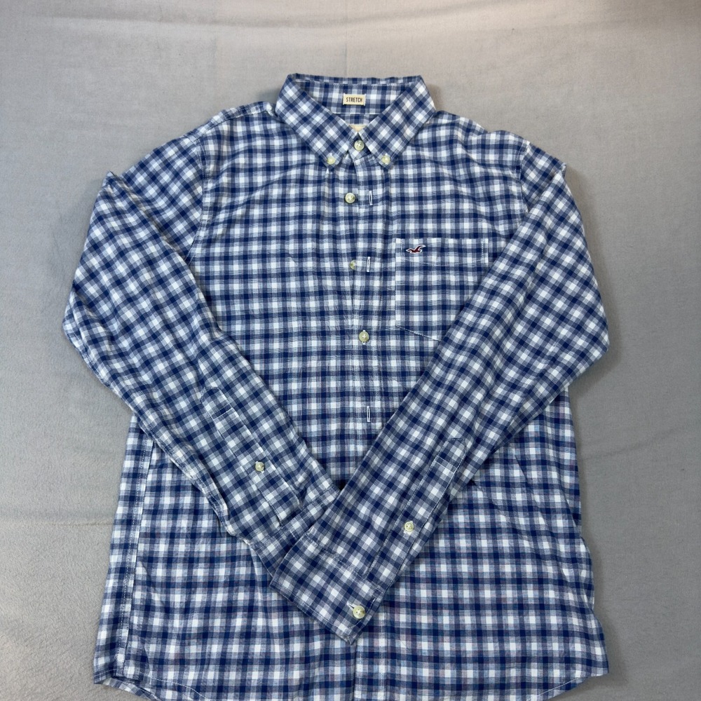 Hollister Shirt Men Medium Blue Long Sleeve Plaid Stretch Preppy Button‎ Down